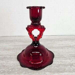 Vintage Ruby Red Glass Candlestick Holder Fluted Base Ornate Stem Accent Decor